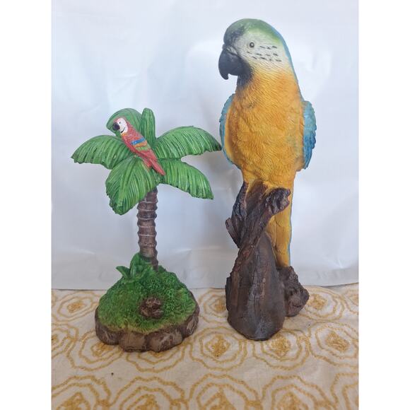 Tropical Parrot Figurine Pair – Macaw on Stump & Parrot on Palm Tree Resin Décor - Picture 1 of 7